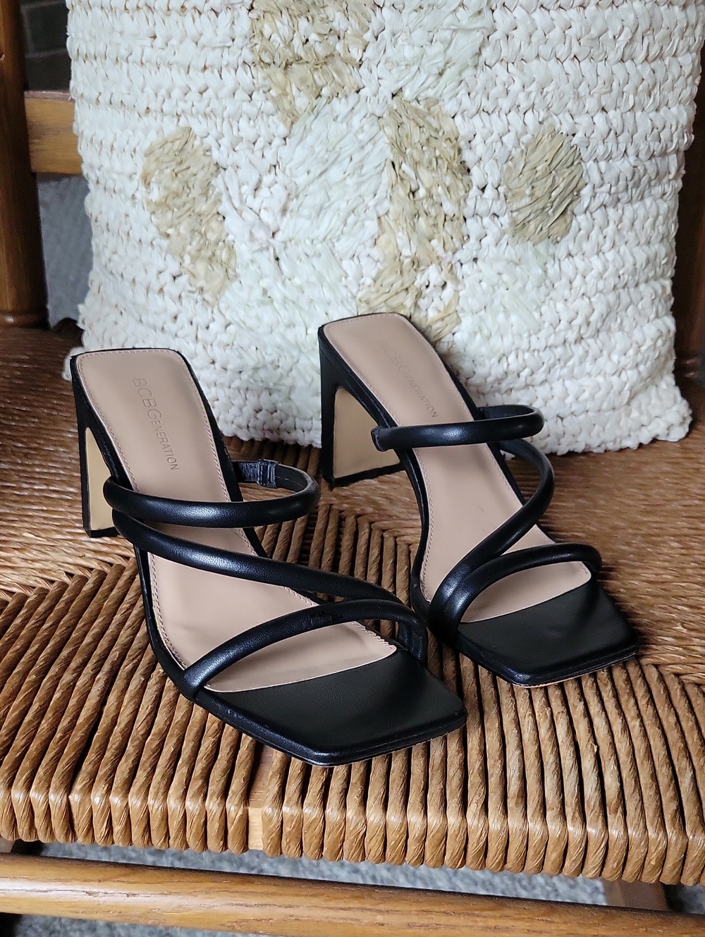 BCBGeneration, Fisher, Black Strappy Square-Toe Heels, size 8.5